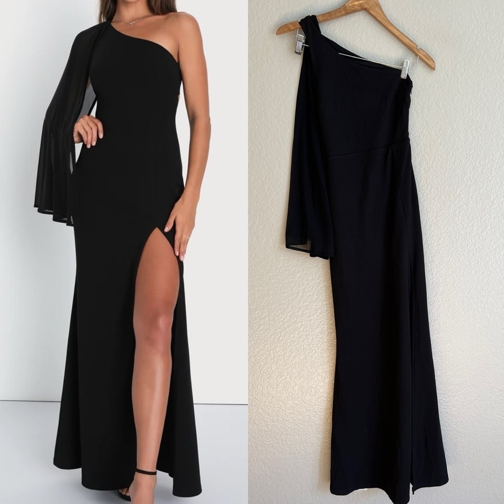 NWOT Majestic Attitude Black Cape Sleeve One-Shoulder Maxi Dress